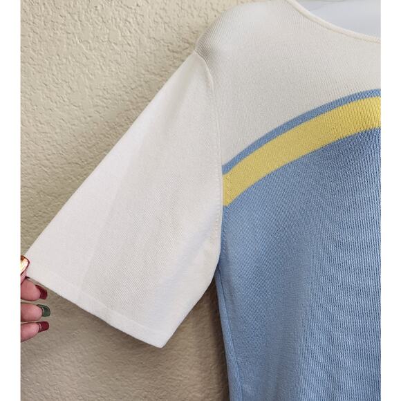 Draper's & Damon's Blue White Yellow Stripe Round Neck Top Large Lightweight - Picture 2 of 4